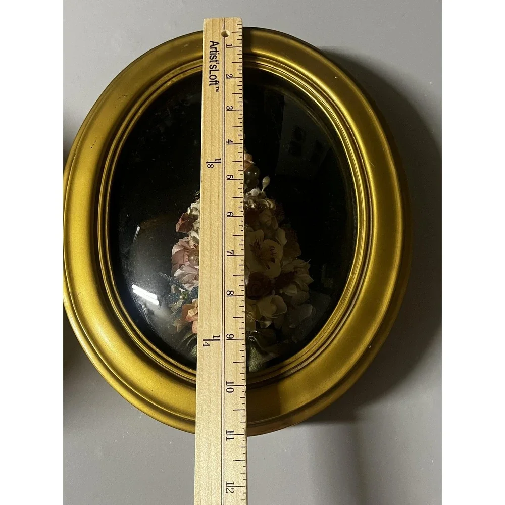 Vintage Victorian Christmas Tree Window Panel Oval Gold Frame Floral Multicolor